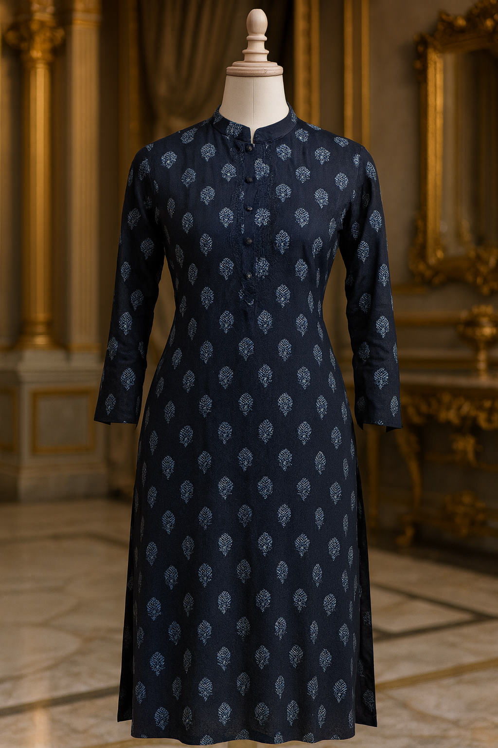 Navy Blue Straight Cut Cotton Kurti