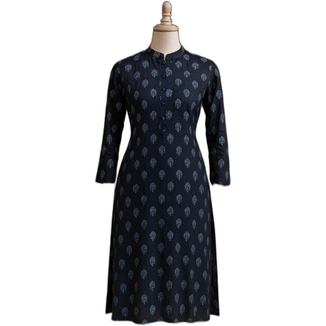 Navy Blue Straight Cut Cotton Kurti